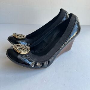 Tory Burch Caroline Black Patent Leather Wedges Size 9 Medium